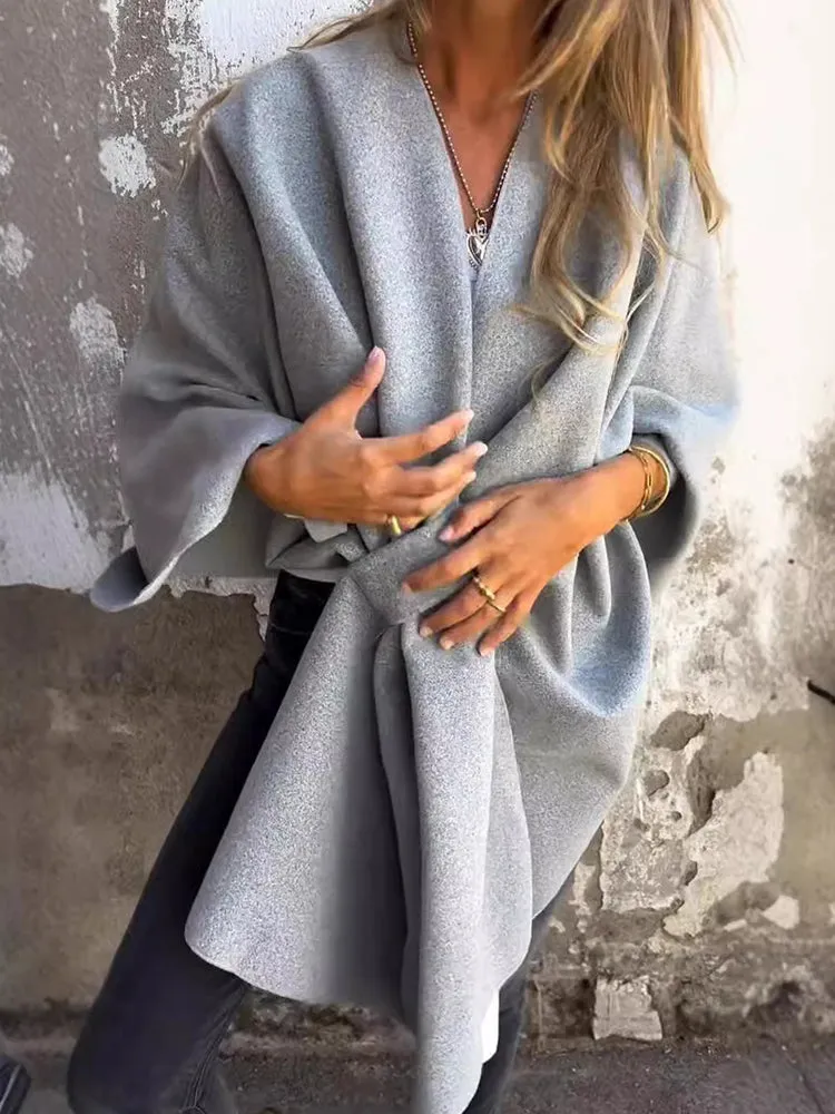 2024 NEW Women's Fall/Winter V-neck Elegant Cloak Shawl Loose Coat