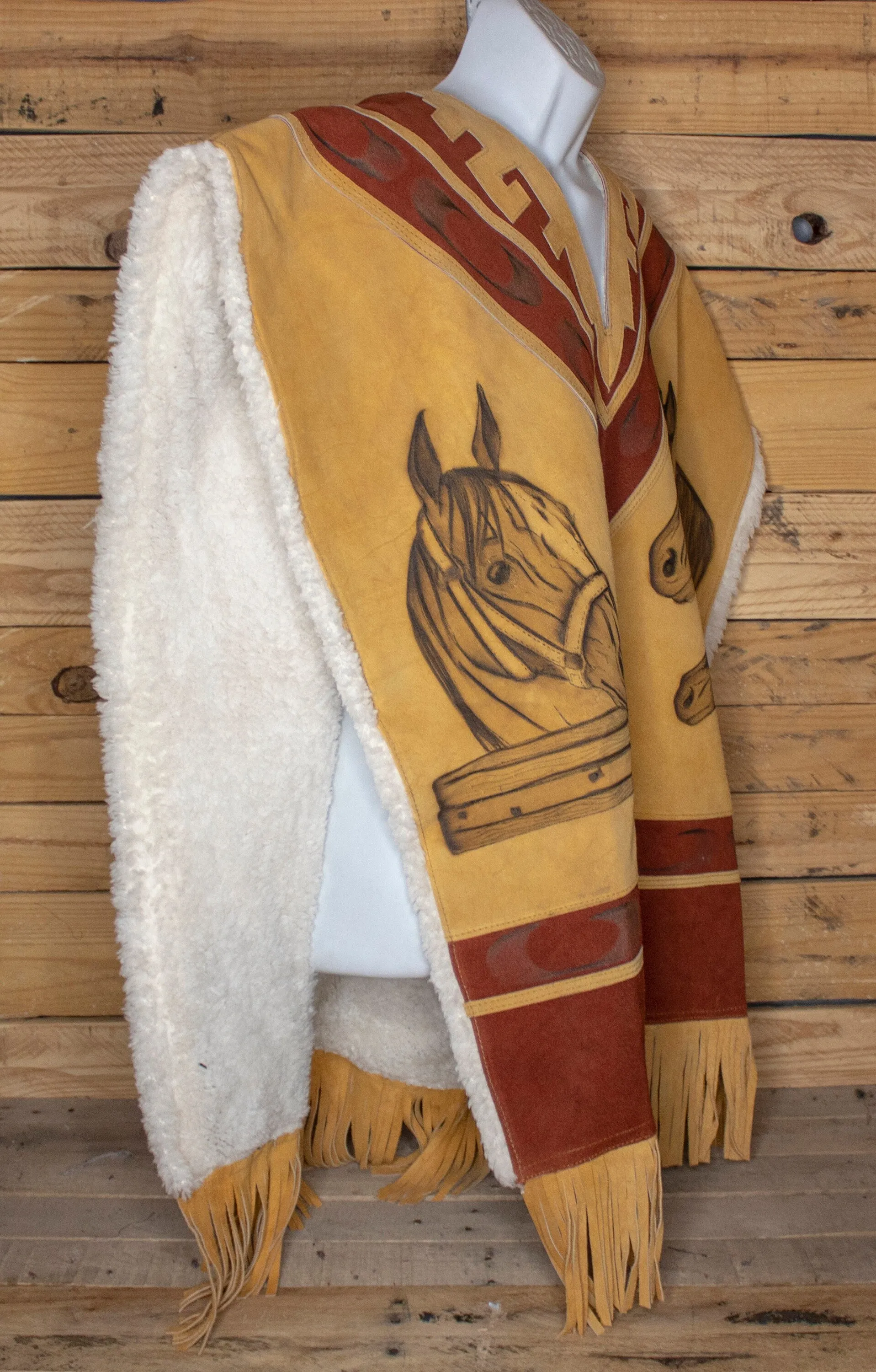 AUTHENTIC SUEDE LEATHER stamped Horse Western sheep wool cowboy Mexican poncho rebozo wrap
