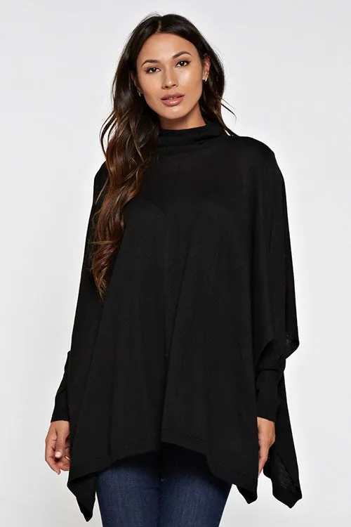 Black Long Sleeve Turtleneck Poncho Sweater