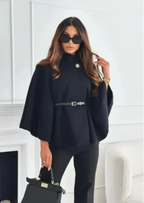 Cape Blazer Coat Poncho with Belted Waist -Black