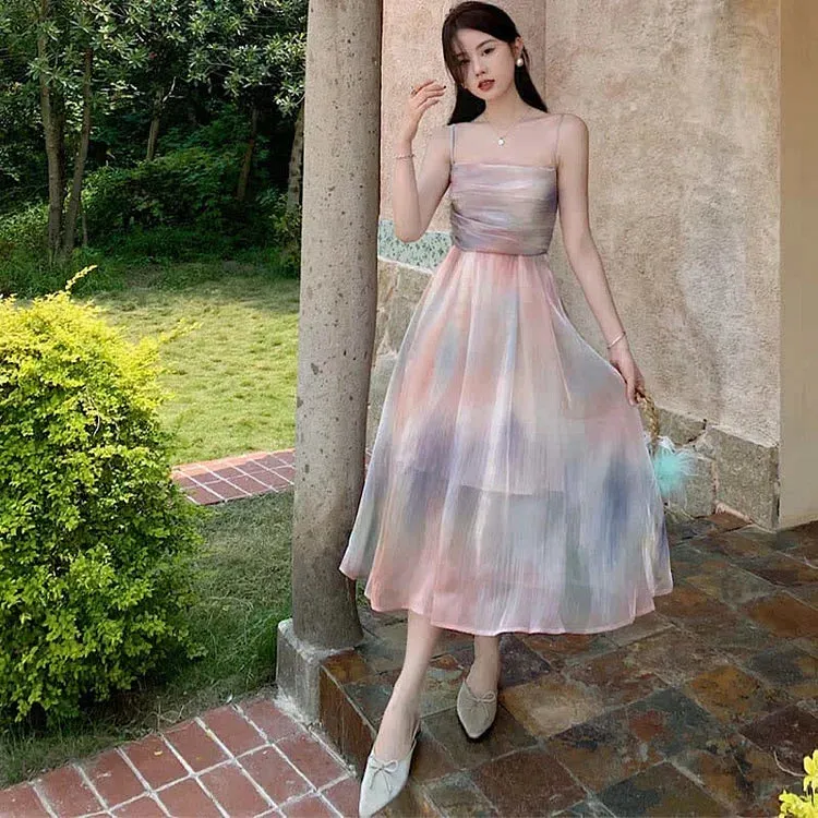 Chic Rainbow Print A-line Chiffon Slip Dress