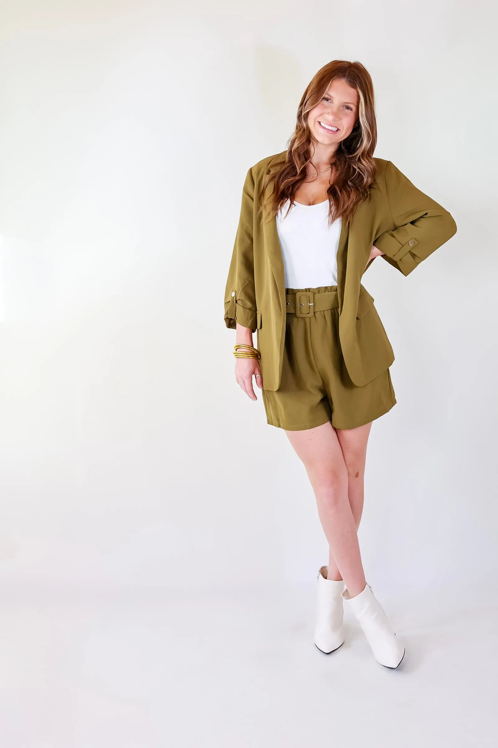Fine Like Wine 3/4 Sleeve Blazer in Olive Green