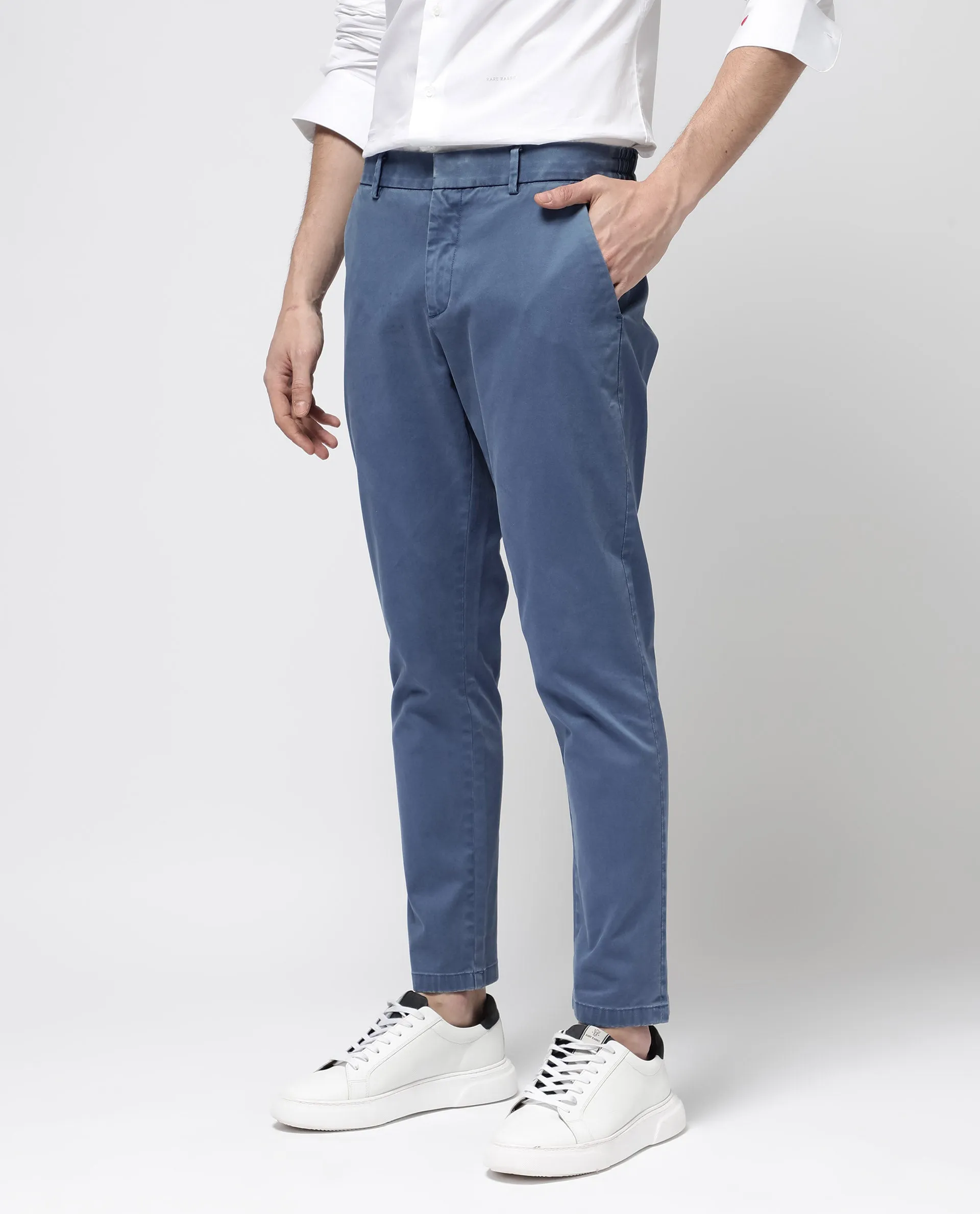 Rare Rabbit Mens Orany Blue Cotton Lycra Solid Mid Rise Overdyed Regular Fit Trouser