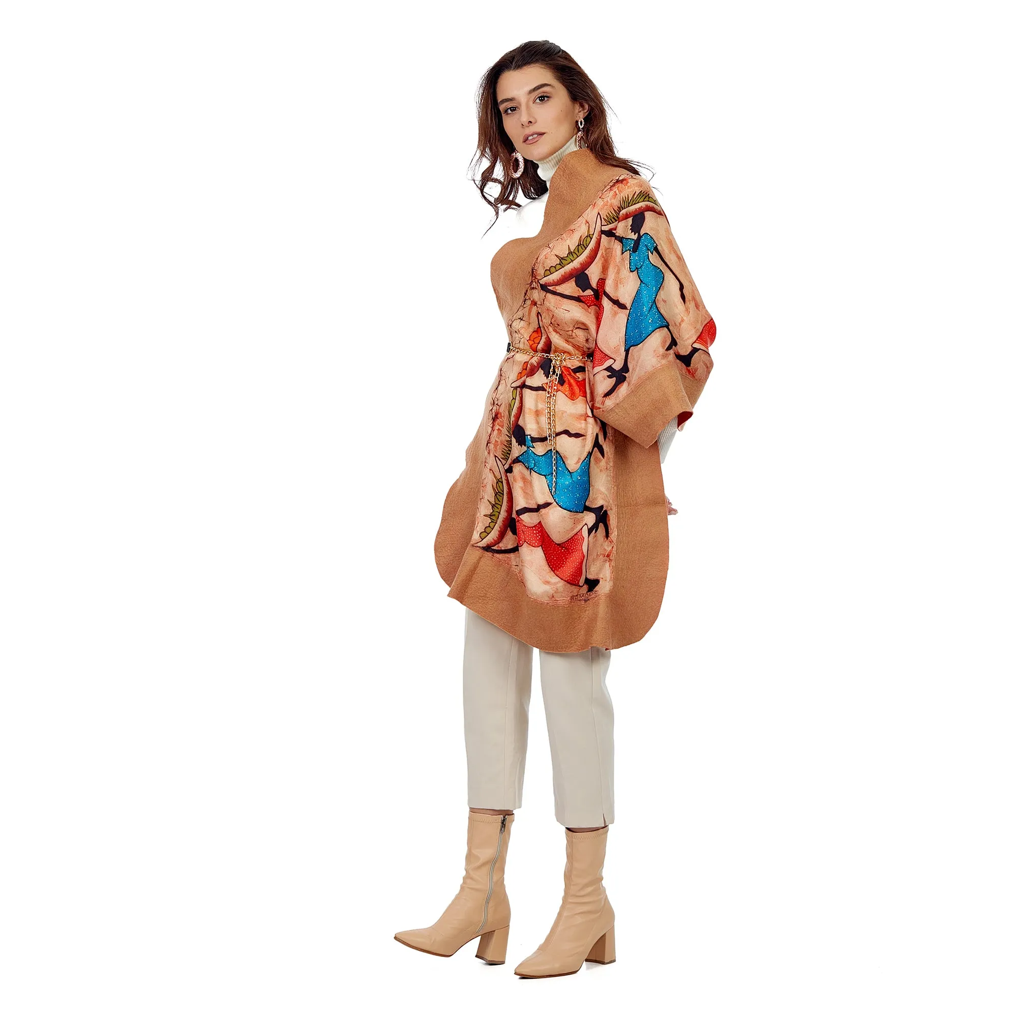 Silk & Merino Felt Shawl -African Girls Camel-terra cota