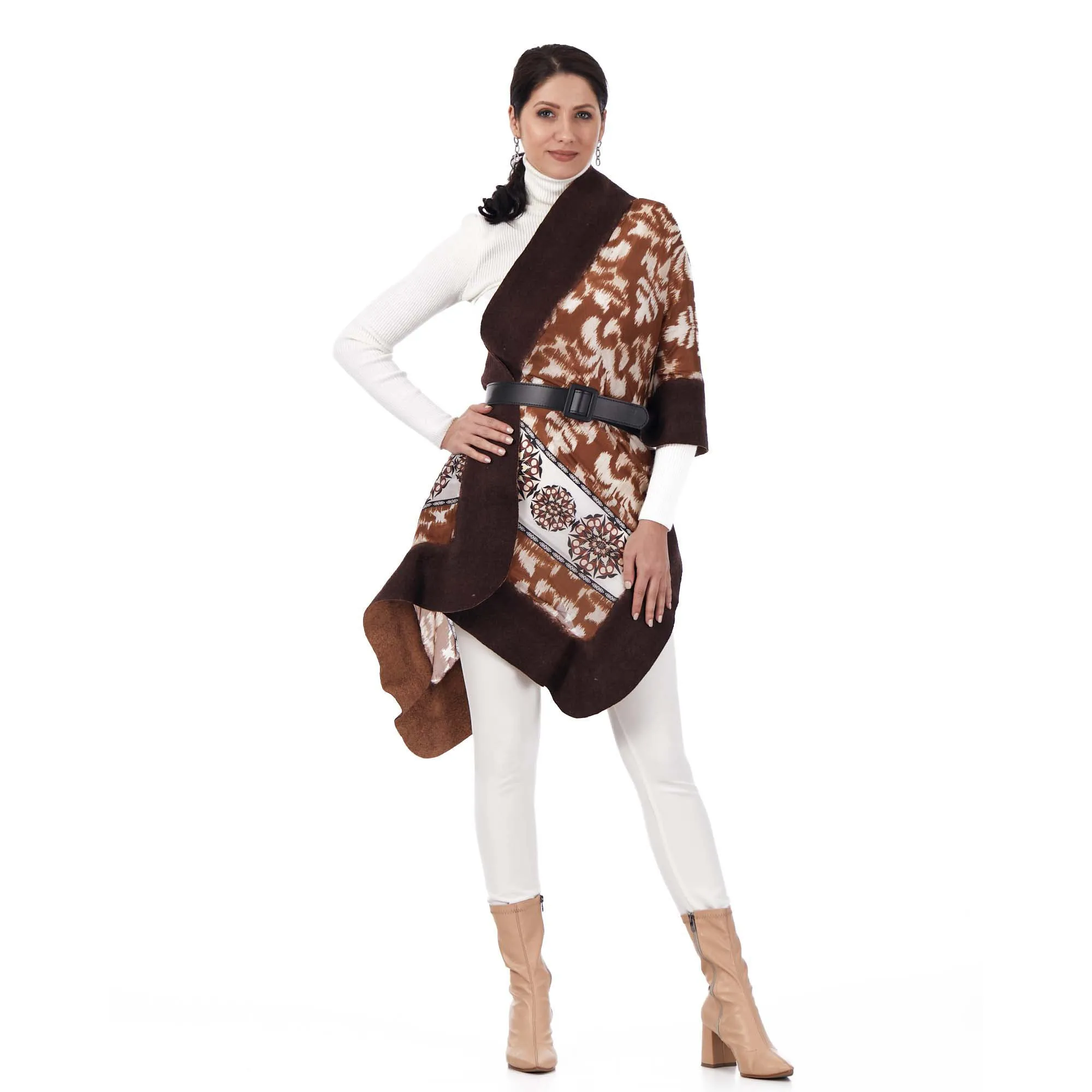 Silk & Merino Felt Shawl -Brown Ikat Pattern Brown-Camel