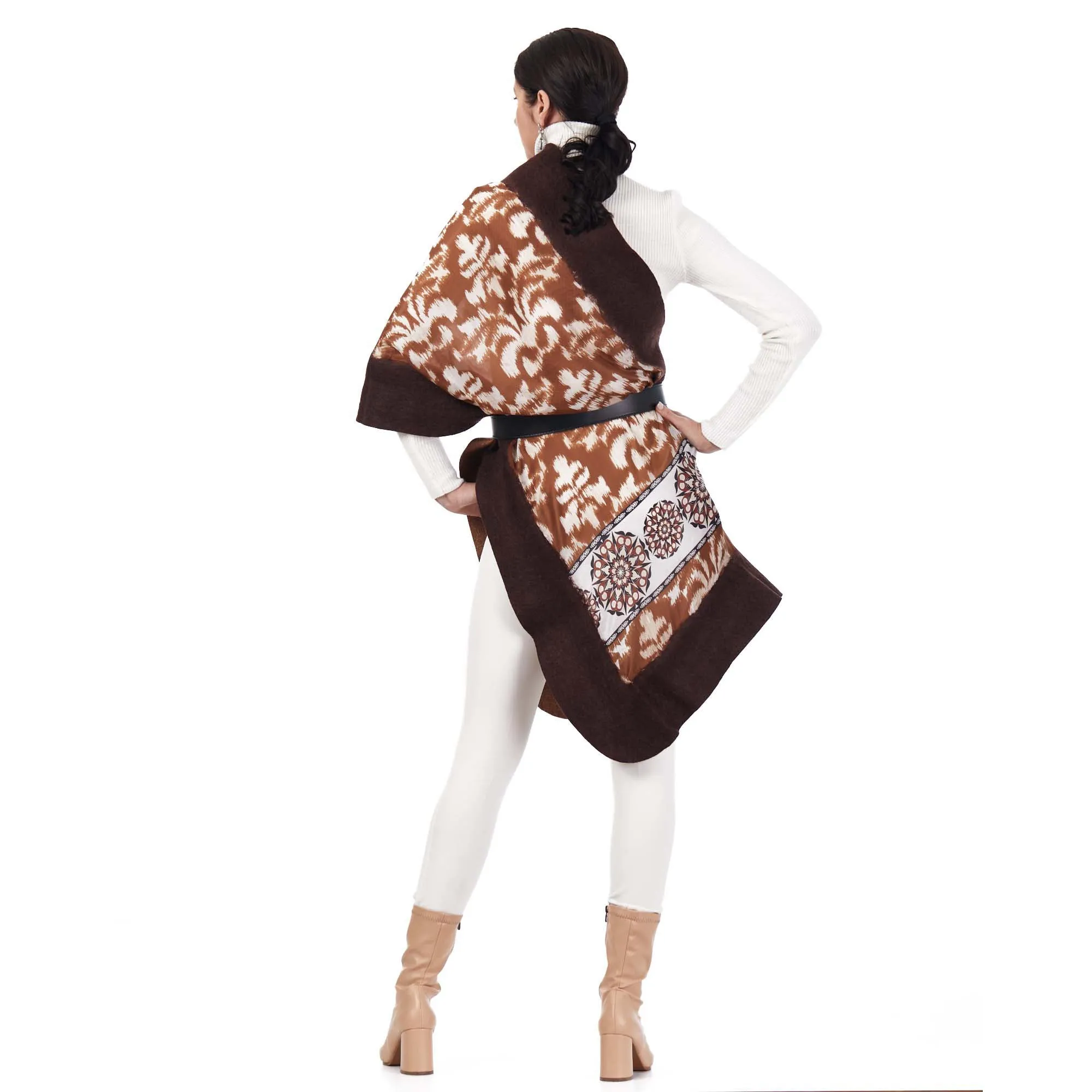 Silk & Merino Felt Shawl -Brown Ikat Pattern Brown-Camel