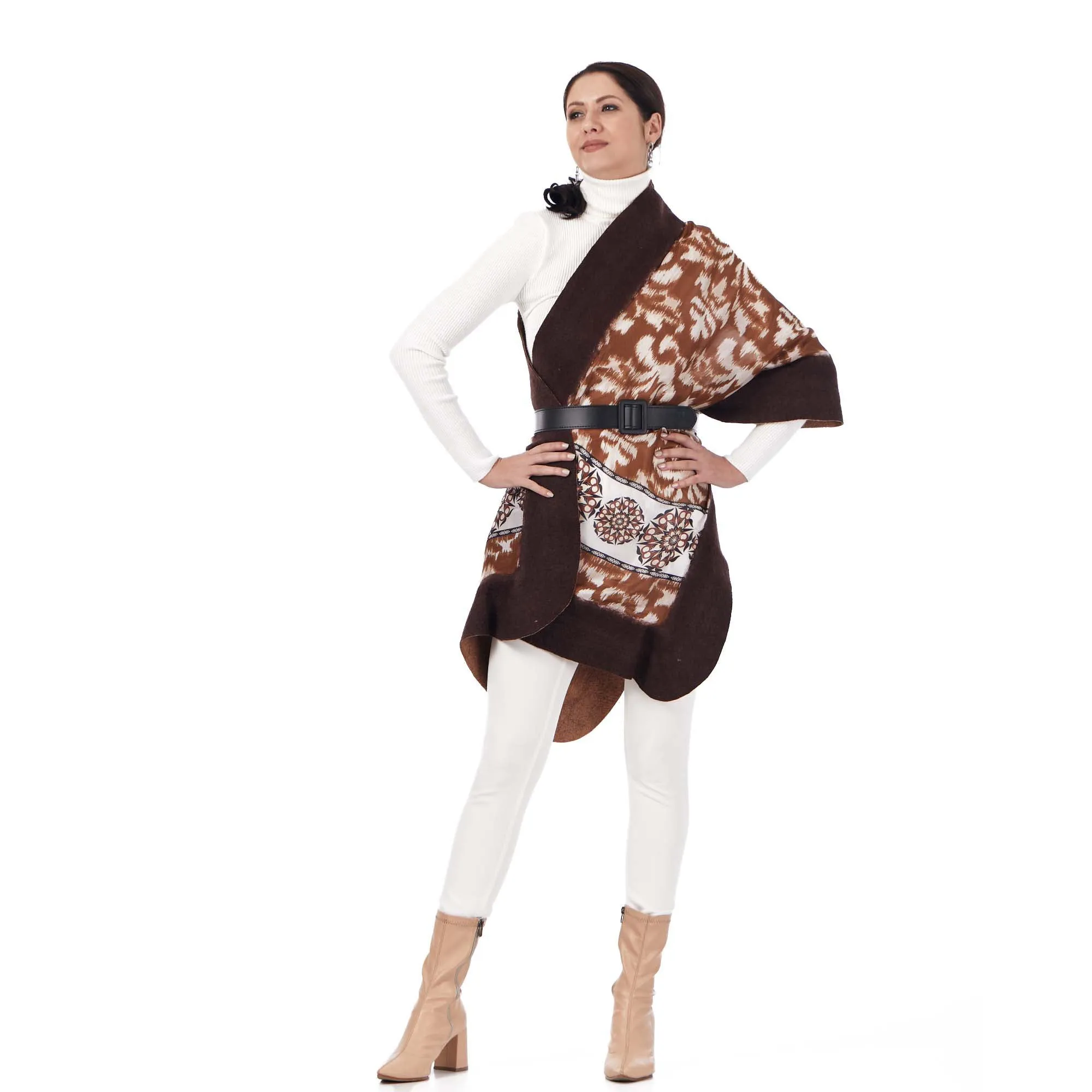 Silk & Merino Felt Shawl -Brown Ikat Pattern Brown-Camel