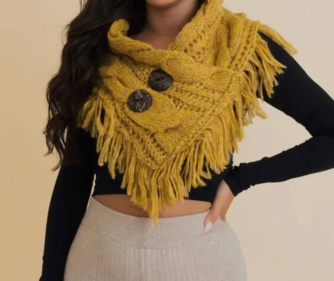 The Shay Shawl: Fringe Shoulder Warmer Scarf With Buttons