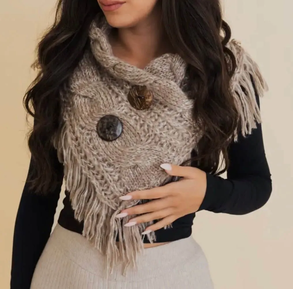 The Shay Shawl: Fringe Shoulder Warmer Scarf With Buttons