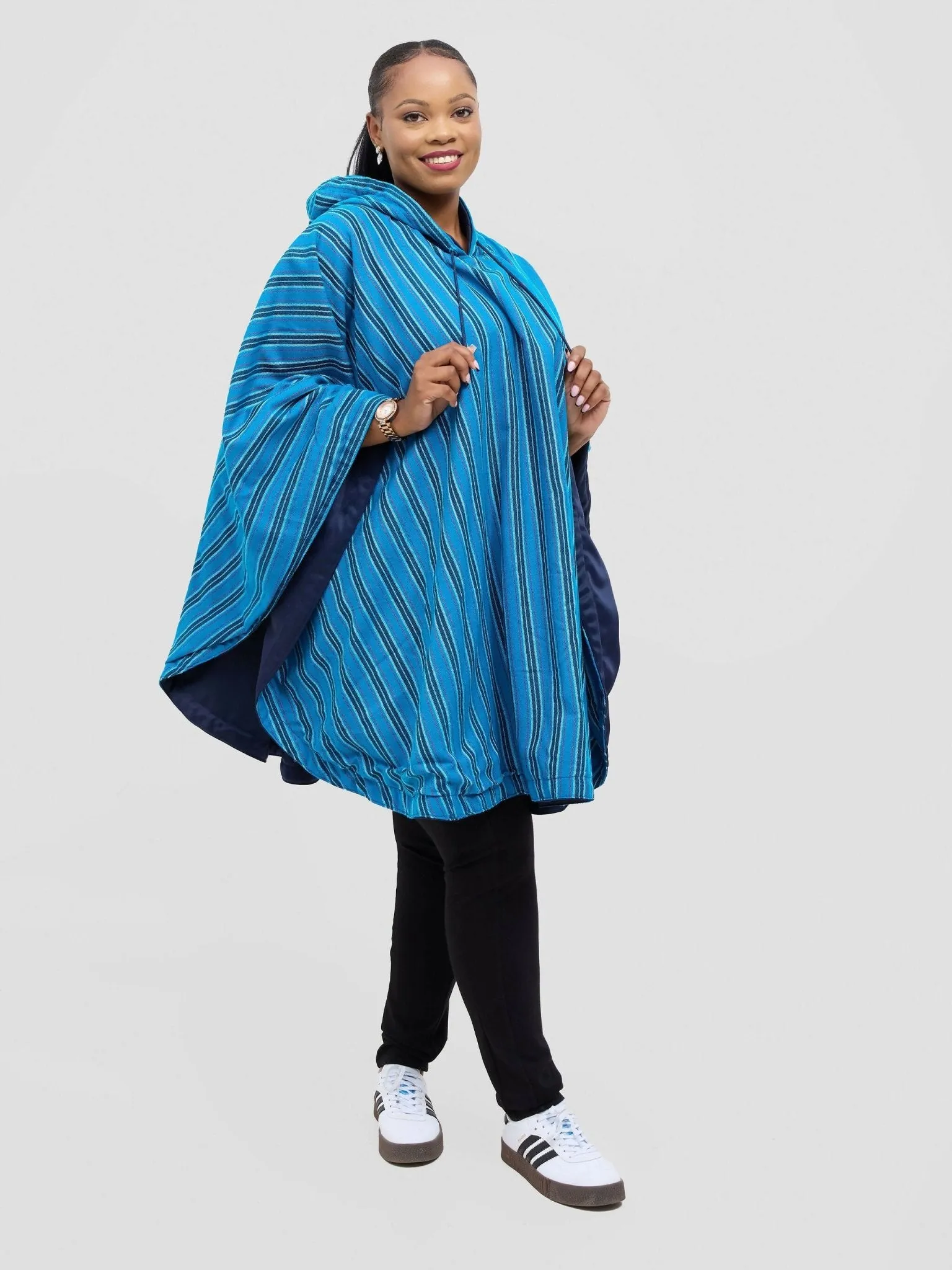 Tulia Hood Poncho - Stripped Blue