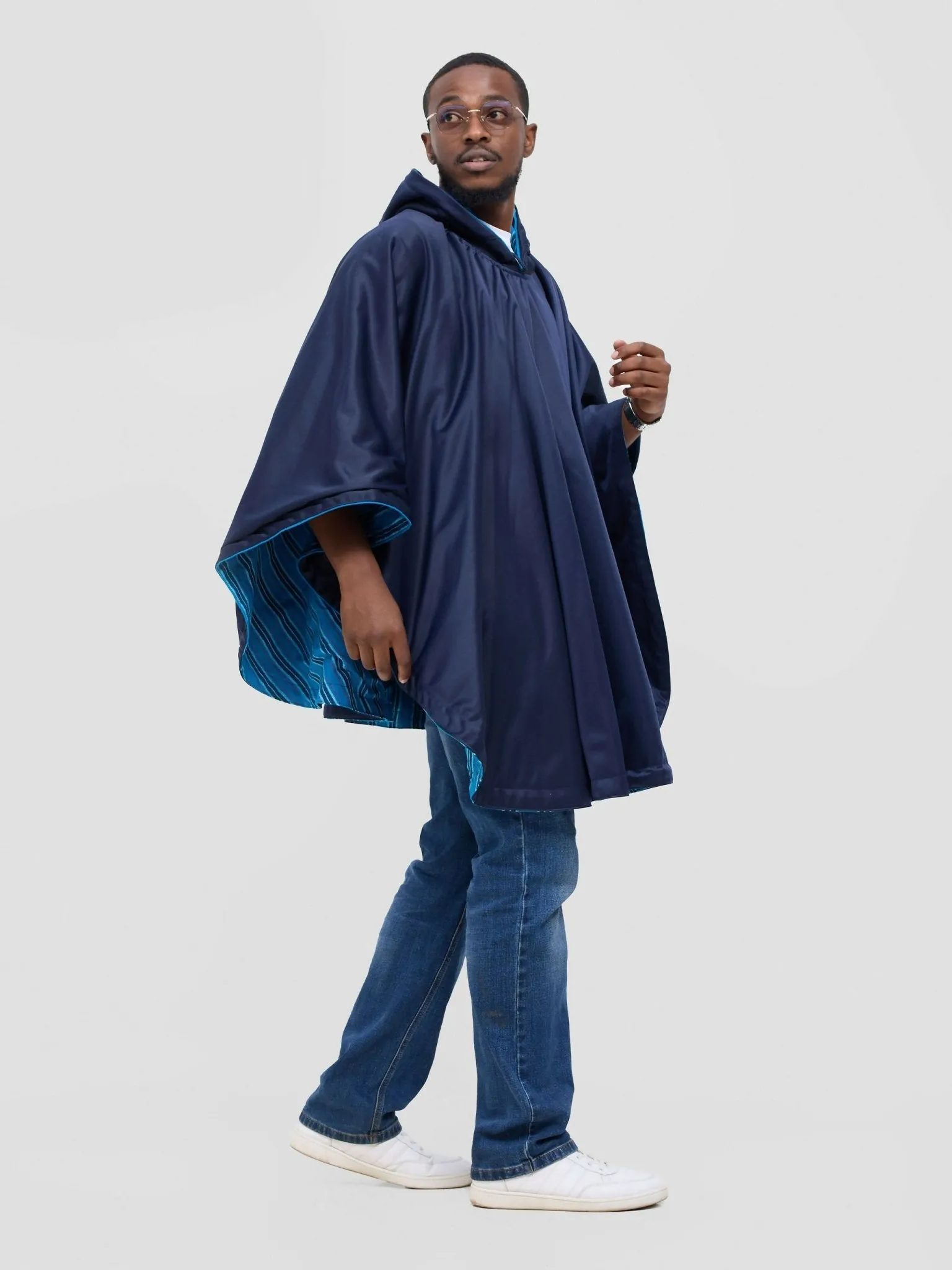 Tulia Hood Poncho - Stripped Blue