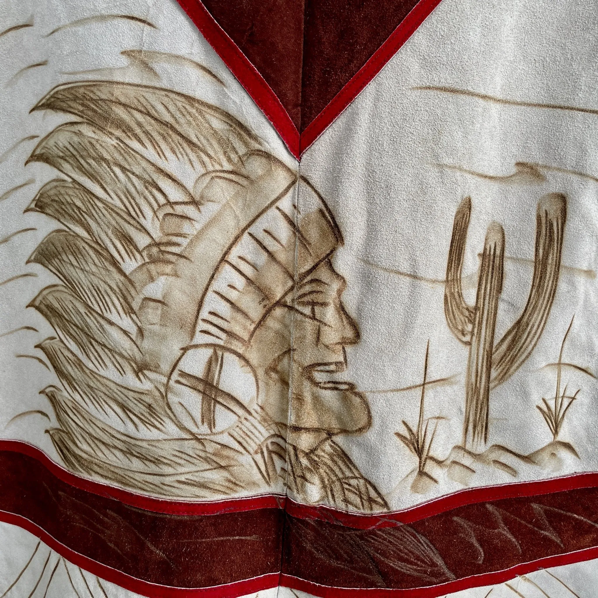 Vintage 1980's Handmade Heavy Suede Wool Poncho Brown Beige Red Native American Indian Western Sherpa Lining One Size - OOAK