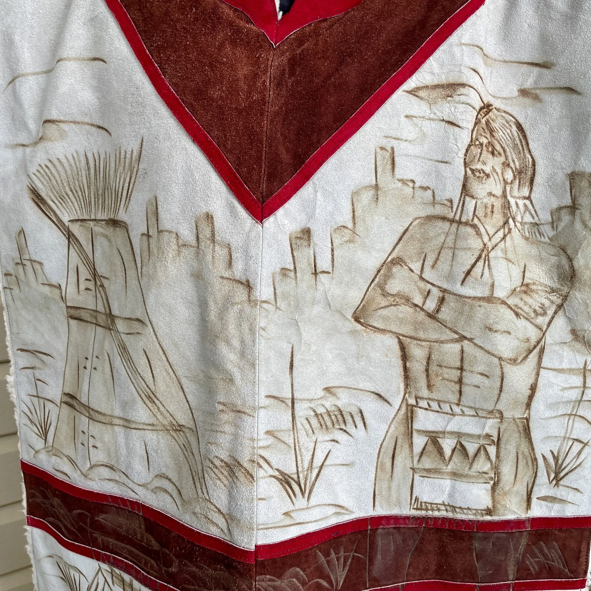 Vintage 1980's Handmade Heavy Suede Wool Poncho Brown Beige Red Native American Indian Western Sherpa Lining One Size - OOAK