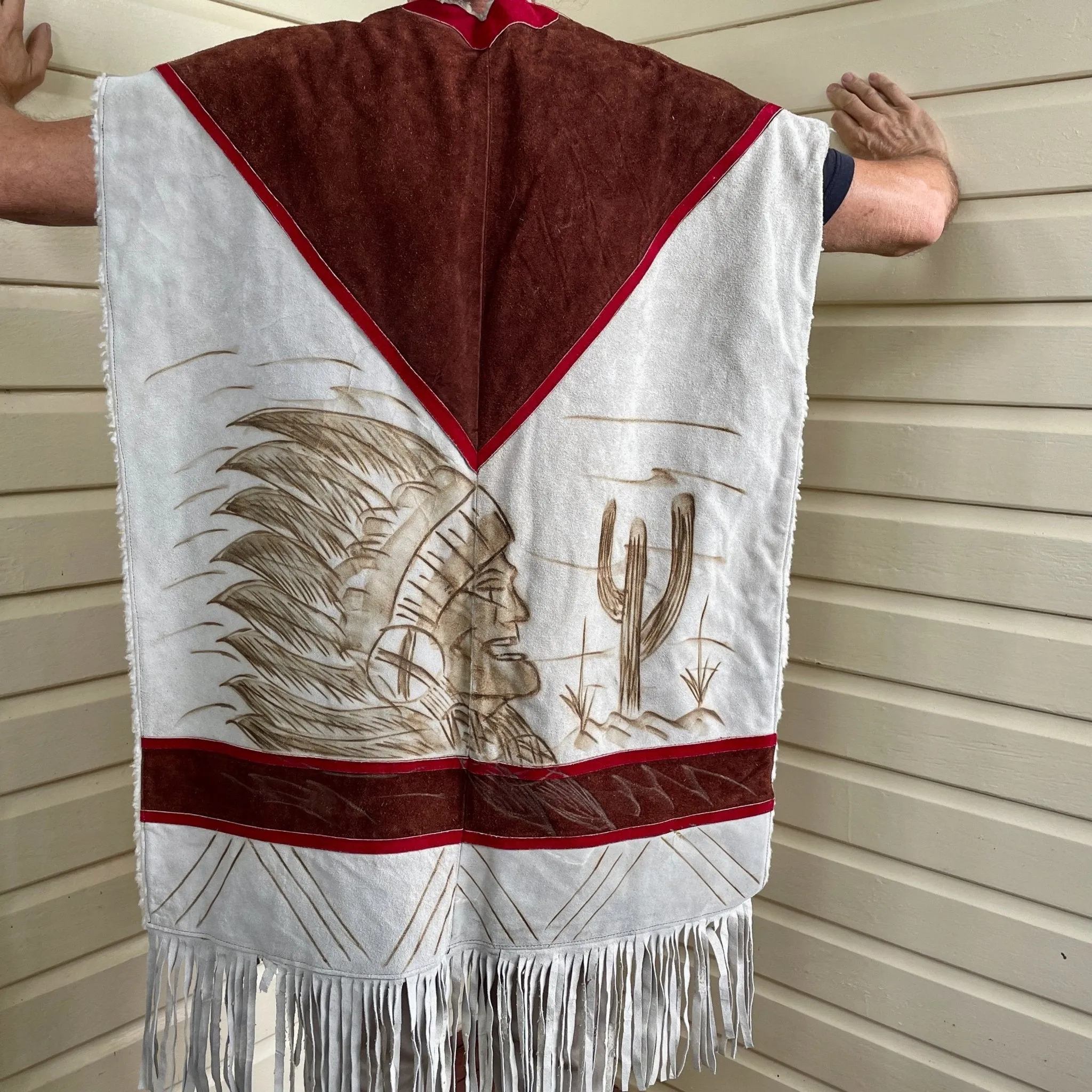 Vintage 1980's Handmade Heavy Suede Wool Poncho Brown Beige Red Native American Indian Western Sherpa Lining One Size - OOAK