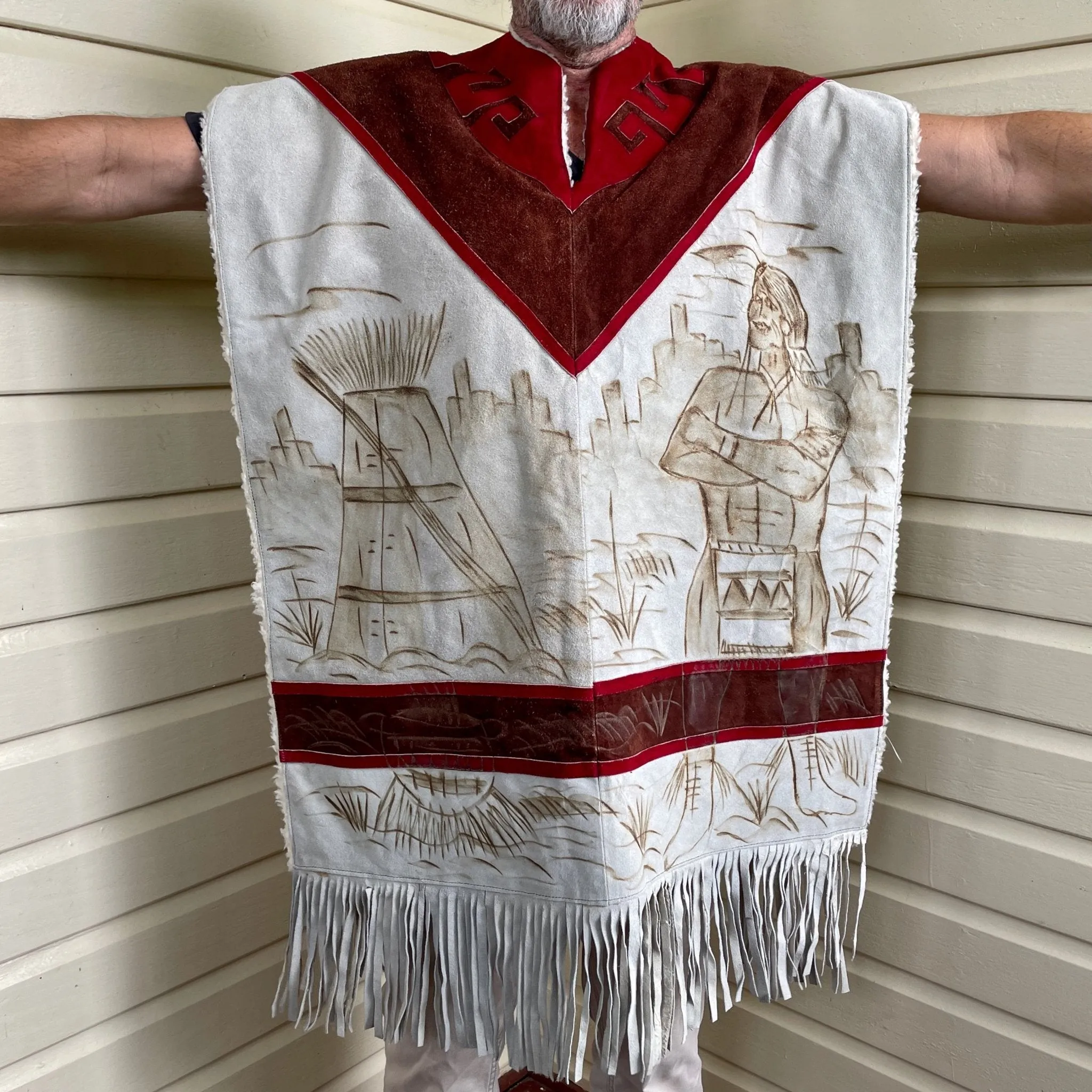 Vintage 1980's Handmade Heavy Suede Wool Poncho Brown Beige Red Native American Indian Western Sherpa Lining One Size - OOAK