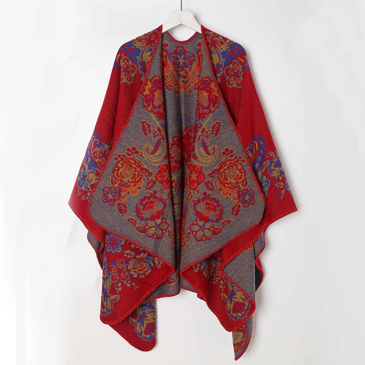 Vintage-Inspired Knitted Shawl Poncho - Soft, Elegant, and Warm Winter Wrap for Mature Women - Acrylic, Inelastic, and Feather-Free