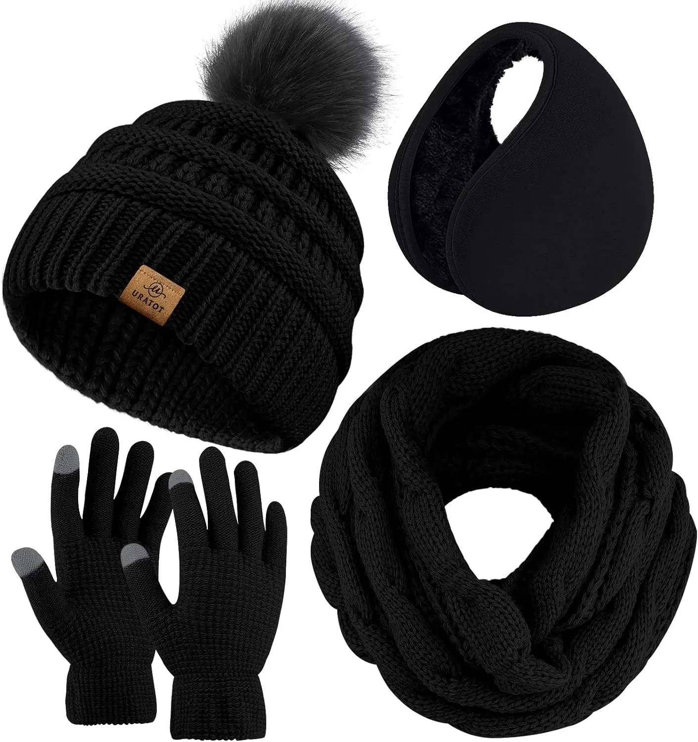 Winter Knit Teal Beanie Hat, Scarf, Ear Muff & Gloves Set
