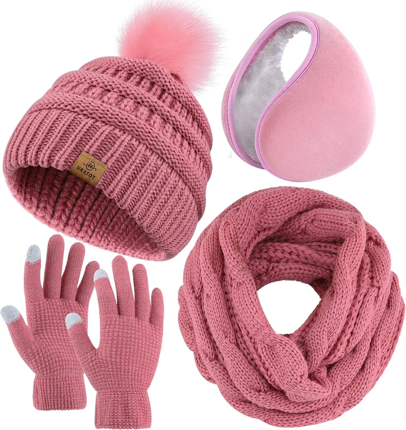 Winter Knit Teal Beanie Hat, Scarf, Ear Muff & Gloves Set